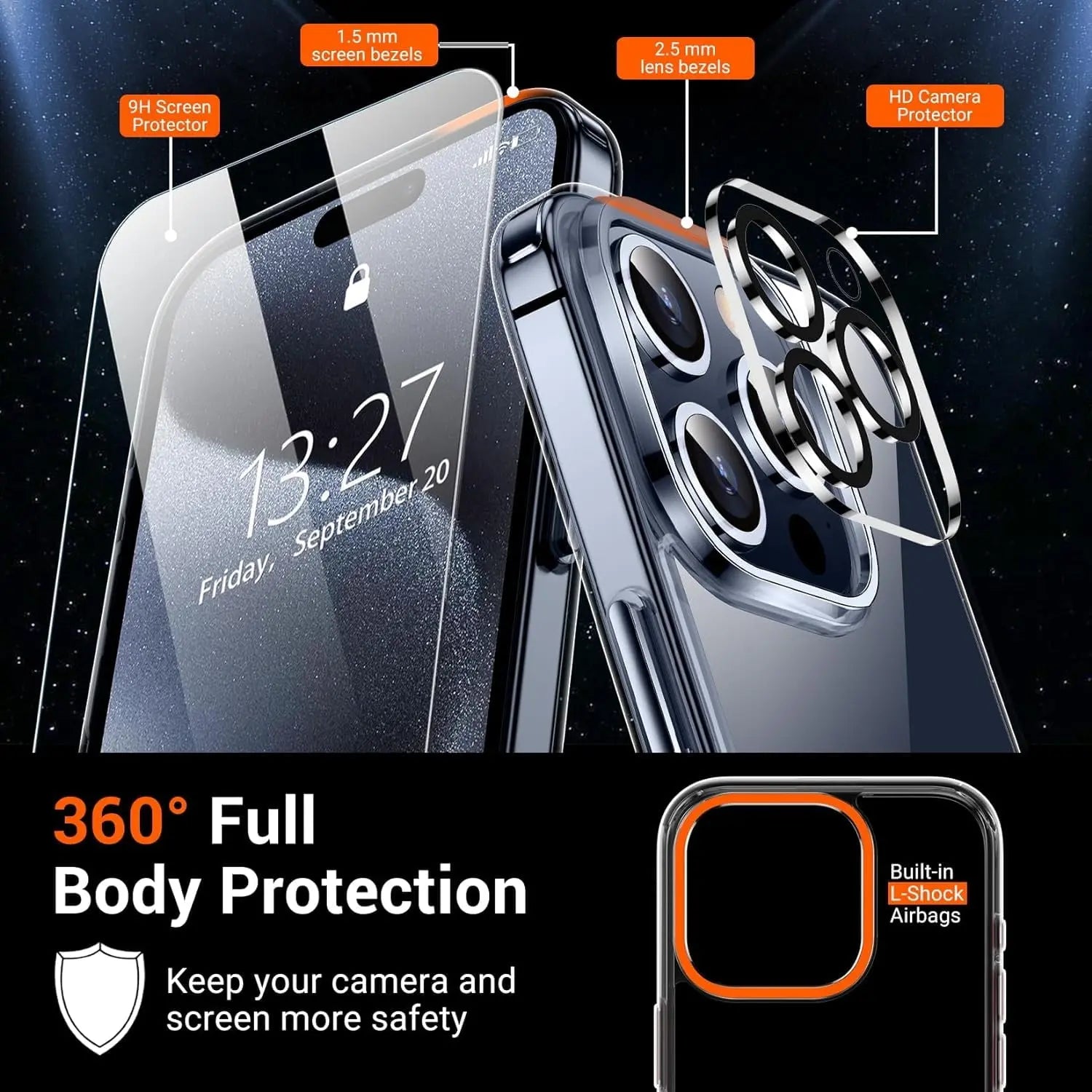 Entronix Bundle Compatible with iPhone 13 Pro Max - [Hard Back] Clear Case, 2 Clear Screen Protector & 2 Camera Lens Protectors - Entronix