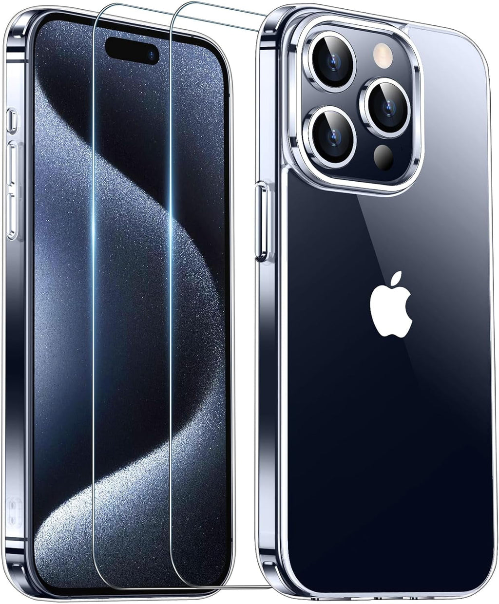 Entronix Case Heavy Duty Clear Case for Apple iPhone 15 Pro Transparent with 2 Tempered Glass Screen Protector, Shockproof Dropproof Slim Case - Entro Retail