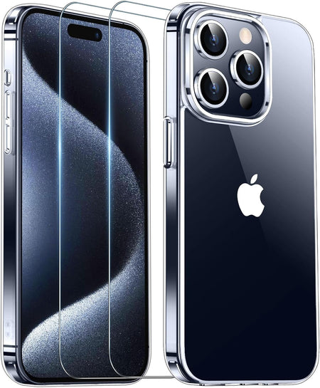 Entronix Case Heavy Duty Clear Case for Apple iPhone 15 Pro Transparent with 2 Tempered Glass Screen Protector, Shockproof Dropproof Slim Case - Entro Retail