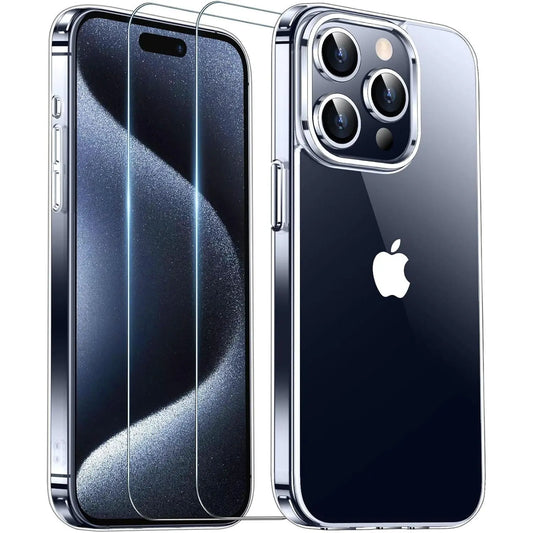 Entronix Case Heavy Duty Clear Case for Apple iPhone 15 Pro Transparent with 2 Tempered Glass Screen Protector, Shockproof Dropproof Slim Case - Entro Retail