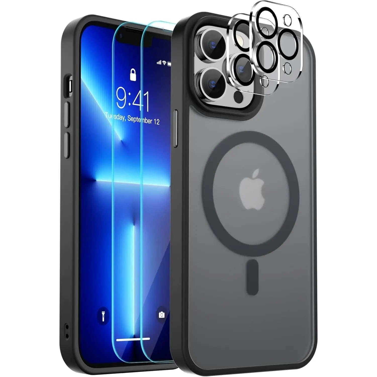 Entronix Case 5 in 1 Bundle Designed for Apple iPhone 13 Pro Max Clear Magnetic Case with 2 Tempered Glass and 2 Camera Lens, Shockproof Clear Case - Entro Retail