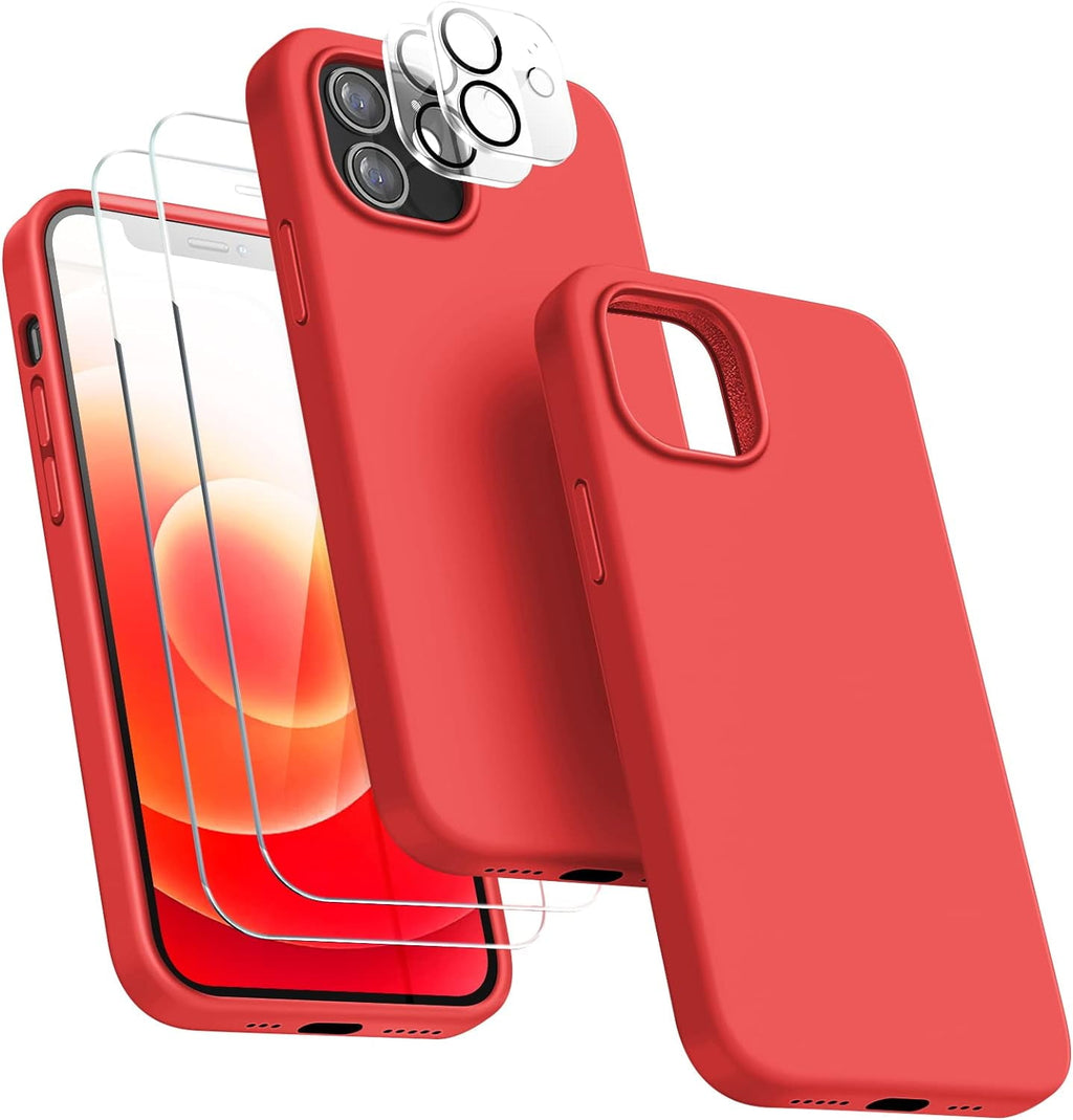 Entronix Silicone Case Designed for Apple iPhone 12 Liquid Silicone Case, 5 in 1 Bundle with 2 Clear Tempered Glass and 2 Camera Lens Shockproof Case - Entro Retail