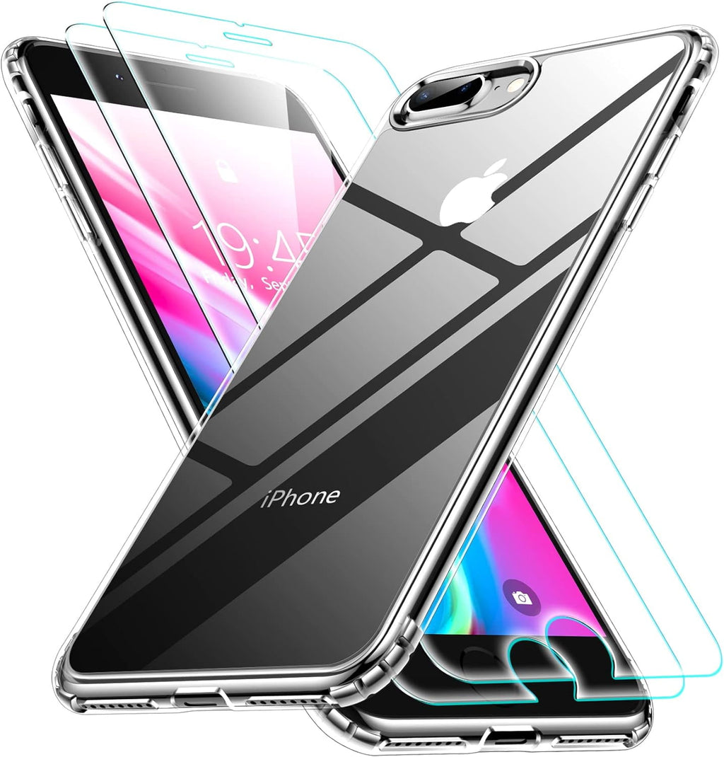 Entronix Case Heavy Duty Clear Case for Apple iPhone 8 Plus, 7 Transparent with 2 Tempered Glass Screen Protector, Shockproof Dropproof Slim Case - Entro Retail