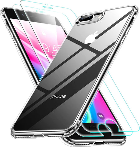 Entronix Case Heavy Duty Clear Case for Apple iPhone 8 Plus, 7 Transparent with 2 Tempered Glass Screen Protector, Shockproof Dropproof Slim Case - Entro Retail