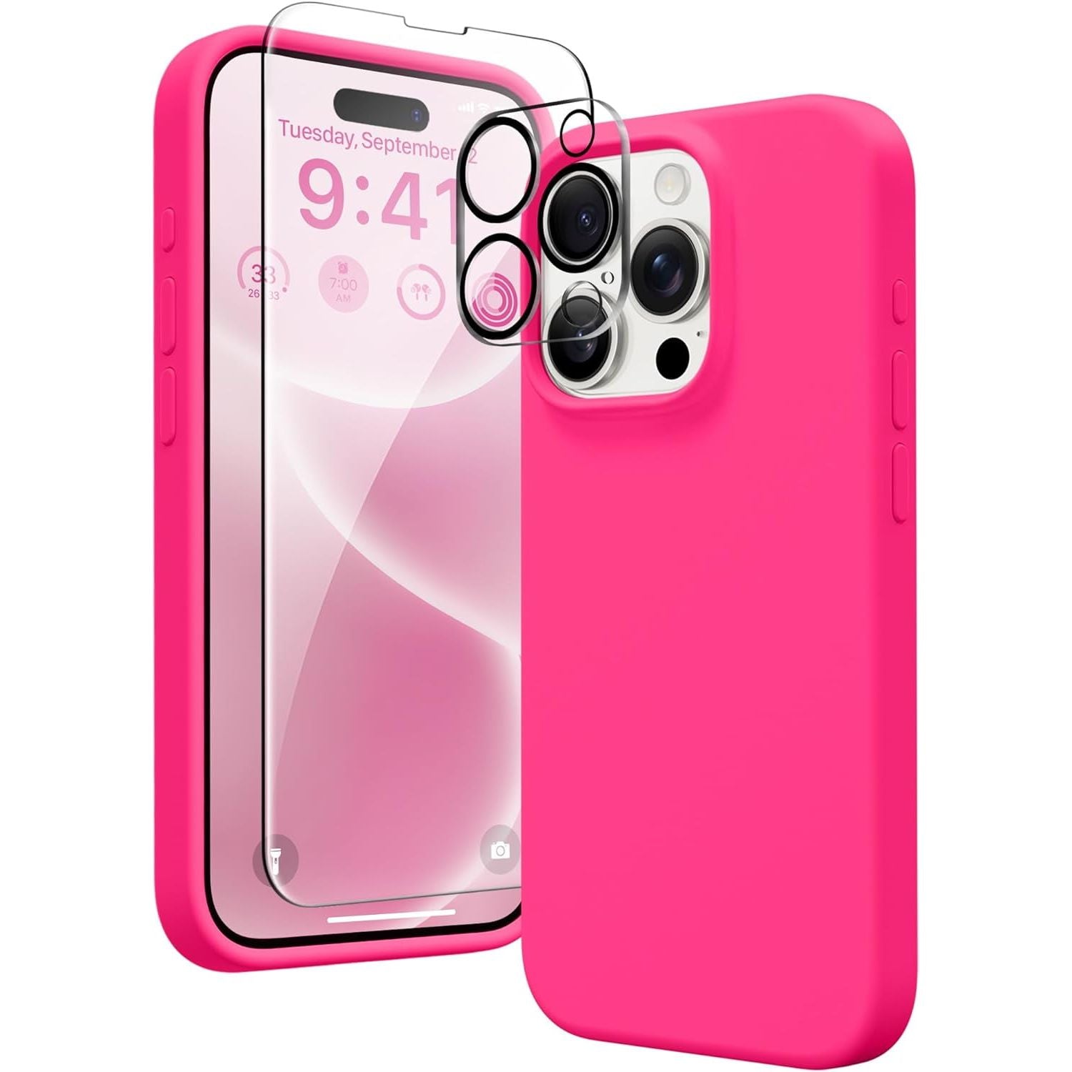 Entronix Apple iPhone 15 Pro Max 3-in-1 Bundle - Liquid Silicone Case, 1 Clear Screen Protector & 1 Camera Lens Protector, - Entro Retail