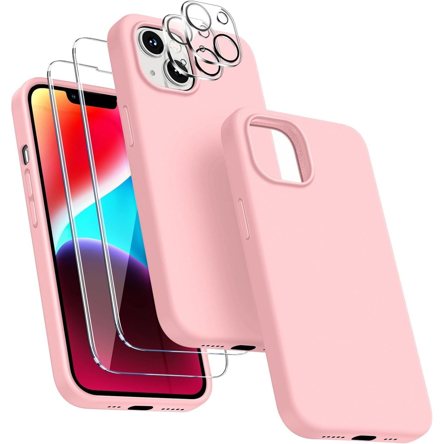 Entronix Silicone Case Designed for Apple iPhone 13 Liquid Silicone Case, 5 in 1 Bundle with 2 Clear Tempered Glass and 2 Camera Lens Shockproof Case - Entro Retail