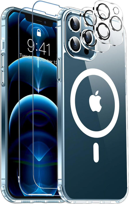 Entronix Case 4 in 1 Bundle Case for Apple iPhone 12 Pro Max Clear Magnetic with 2 Tempered and Camera Lens, Shockproof Transparent Crystal Cover - Entro Retail