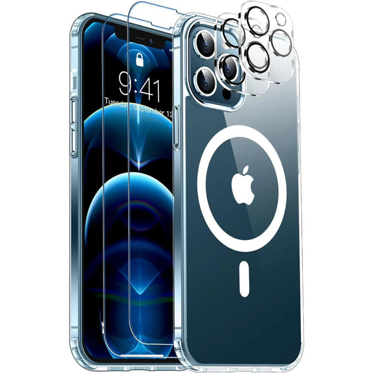 Entronix Case 4 in 1 Bundle Case for Apple iPhone 12 Pro Max Clear Magnetic with 2 Tempered and Camera Lens, Shockproof Transparent Crystal Cover - Entro Retail