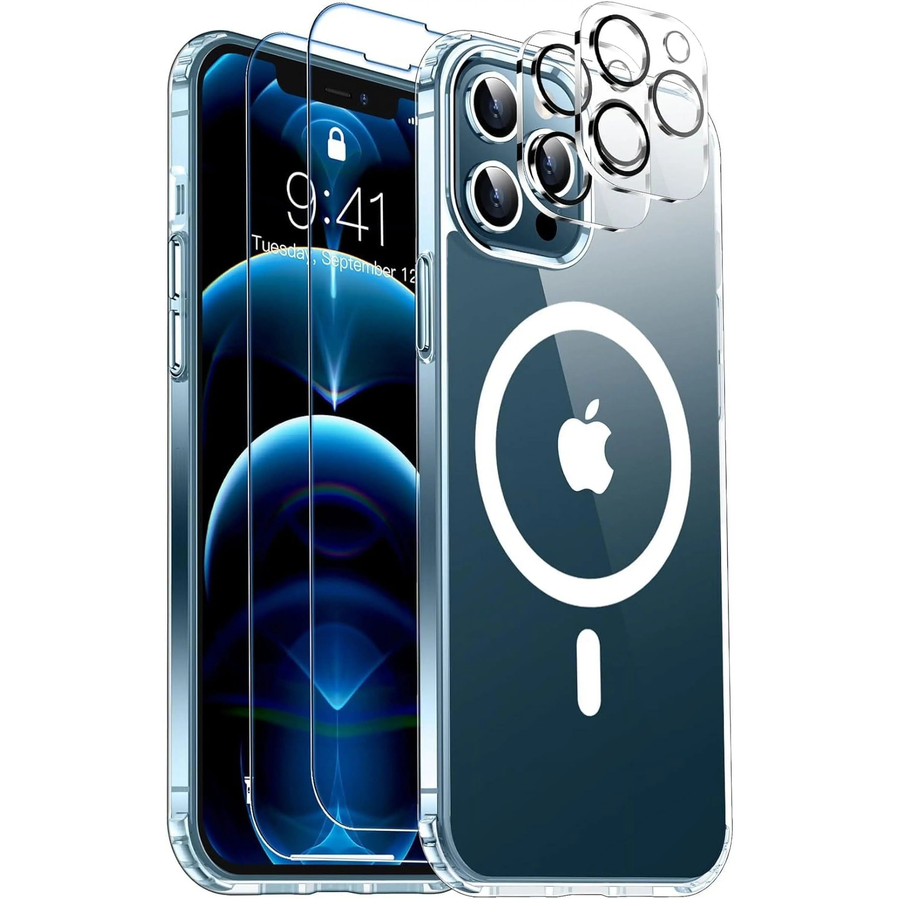 Entronix Case 4 in 1 Bundle Case for Apple iPhone 13 Pro Max Clear Magnetic with 2 Tempered and Camera Lens, Shockproof Transparent Crystal Cover - Entro Retail