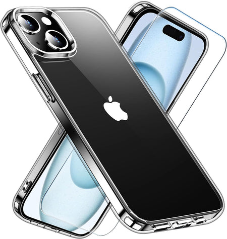Entronix Case Heavy Duty Clear Case for Apple iPhone 15 Plus Transparent with 1 Tempered Glass Screen Protector, Shockproof Dropproof Slim Case - Entro Retail