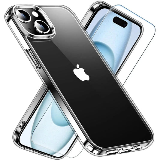 Entronix Case Heavy Duty Clear Case for Apple iPhone 15 Plus Transparent with 1 Tempered Glass Screen Protector, Shockproof Dropproof Slim Case - Entro Retail