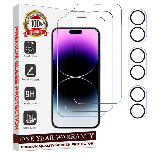Entronix 6-Pack for Apple iPhone 16, 3 Clear Tempered Glass Screen Protectors & 3 Camera Lens Protectors - Entro Retail