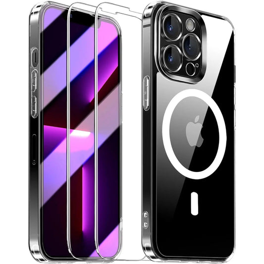 Entronix Case Magnetic Clear Case Designed for Apple iPhone 13 Pro Max with 2 Tempered Glass, Shockproof Transparent Crystal Cover - Entro Retail
