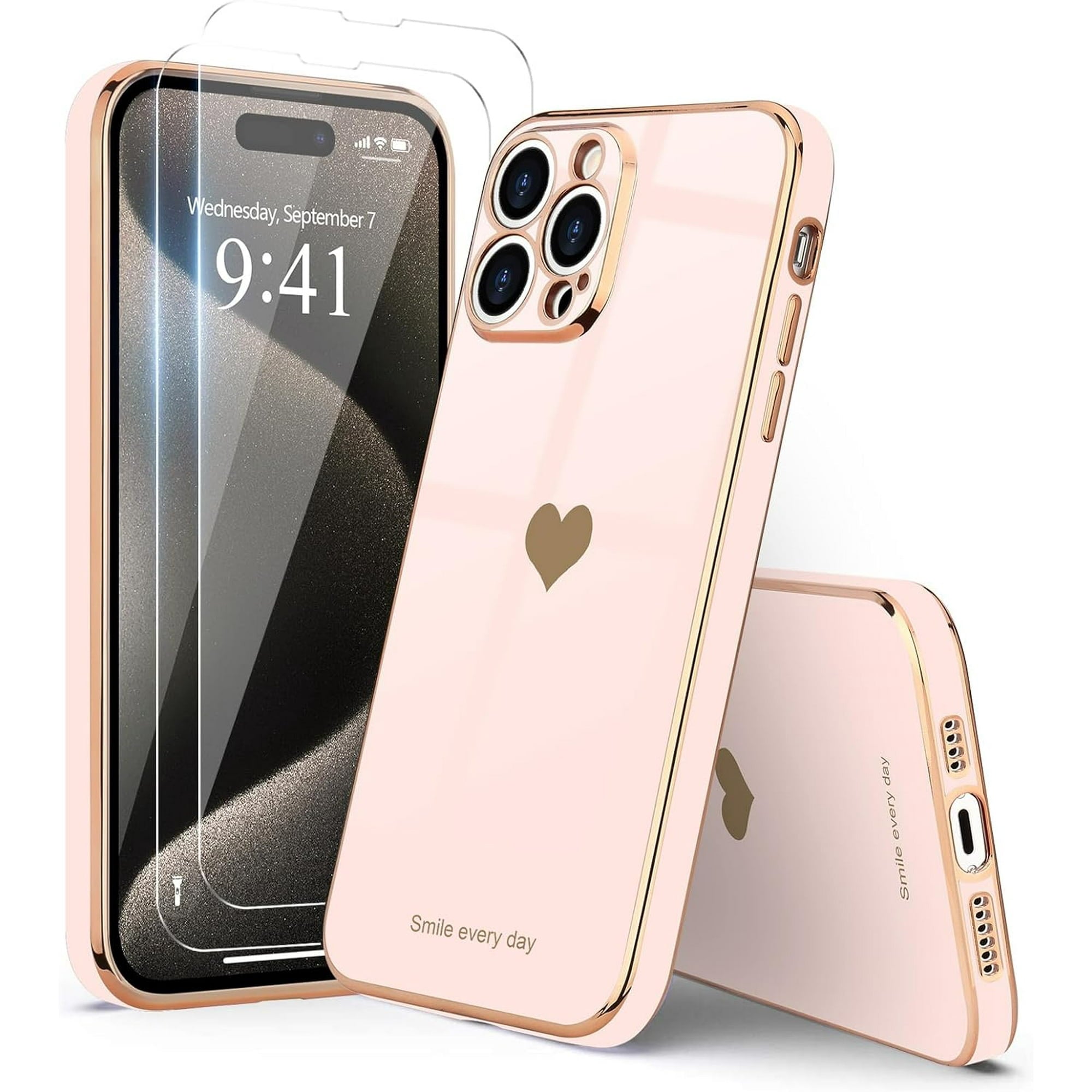 Entronix Bundle Compatible with iPhone 15 Pro Max - [Flexible] Glossy Heart Case & 2 Clear Screen Protectors