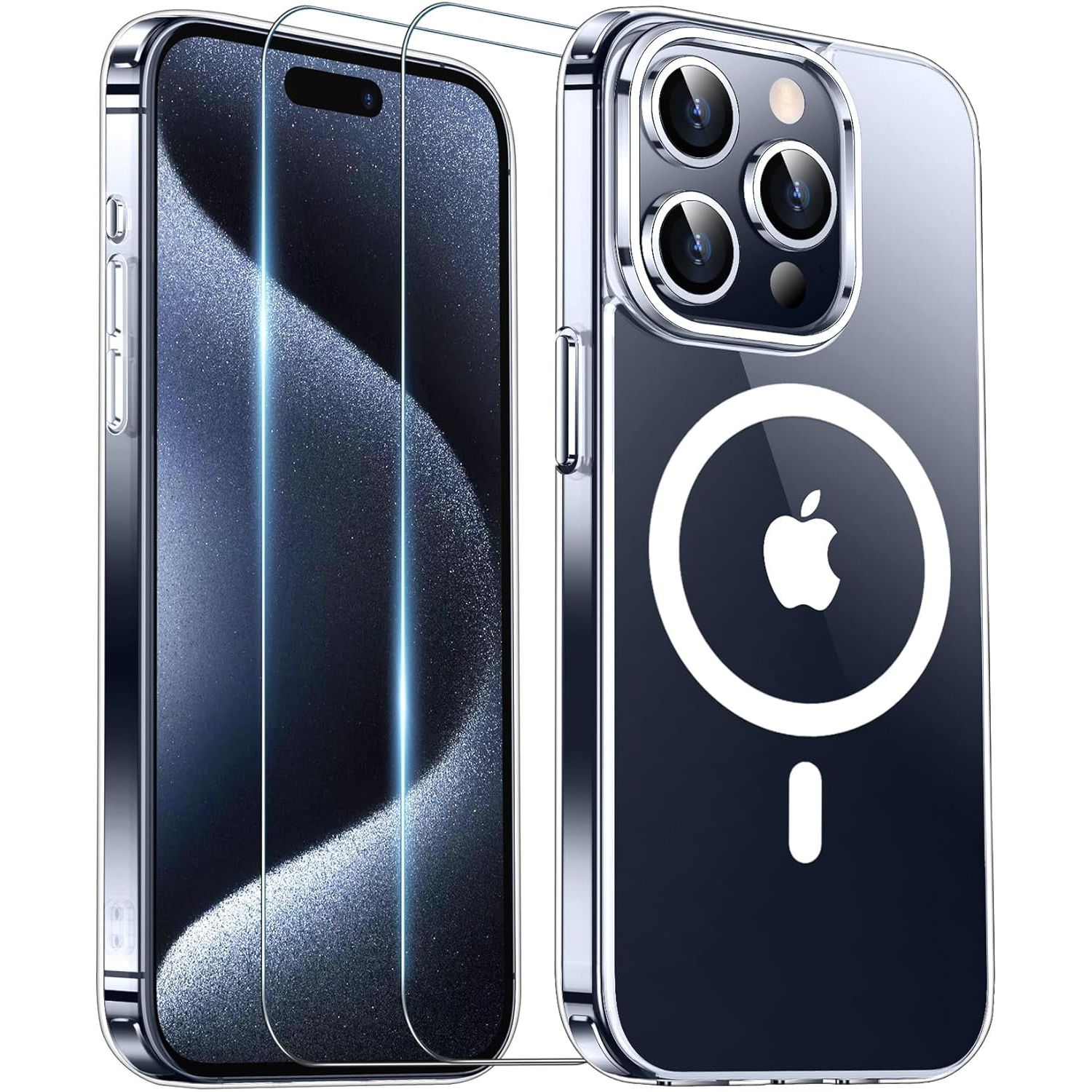 Entronix Case Magnetic Clear Case Designed for Apple iPhone 15 Pro Max with 2 Tempered Glass, Shockproof Transparent Crystal Cover - Entro Retail