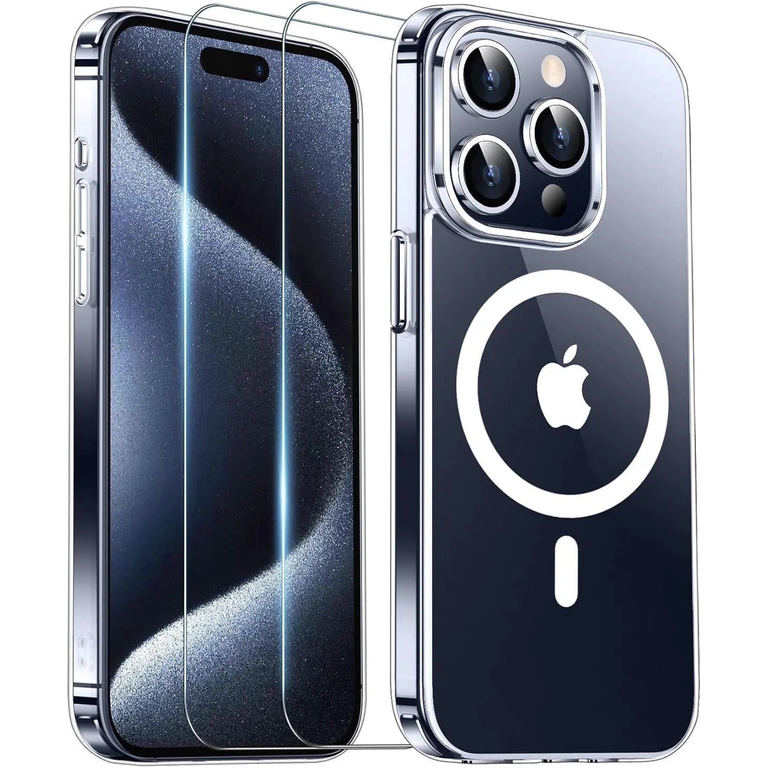Entronix Case Magnetic Clear Case Designed for Apple iPhone 15 Pro with 2 Tempered Glass, Shockproof Transparent Crystal Cover - Entro Retail