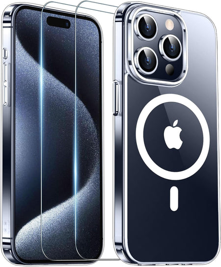 Entronix Case Magnetic Clear Case Designed for Apple iPhone 15 Pro with 2 Tempered Glass, Shockproof Transparent Crystal Cover - Entro Retail