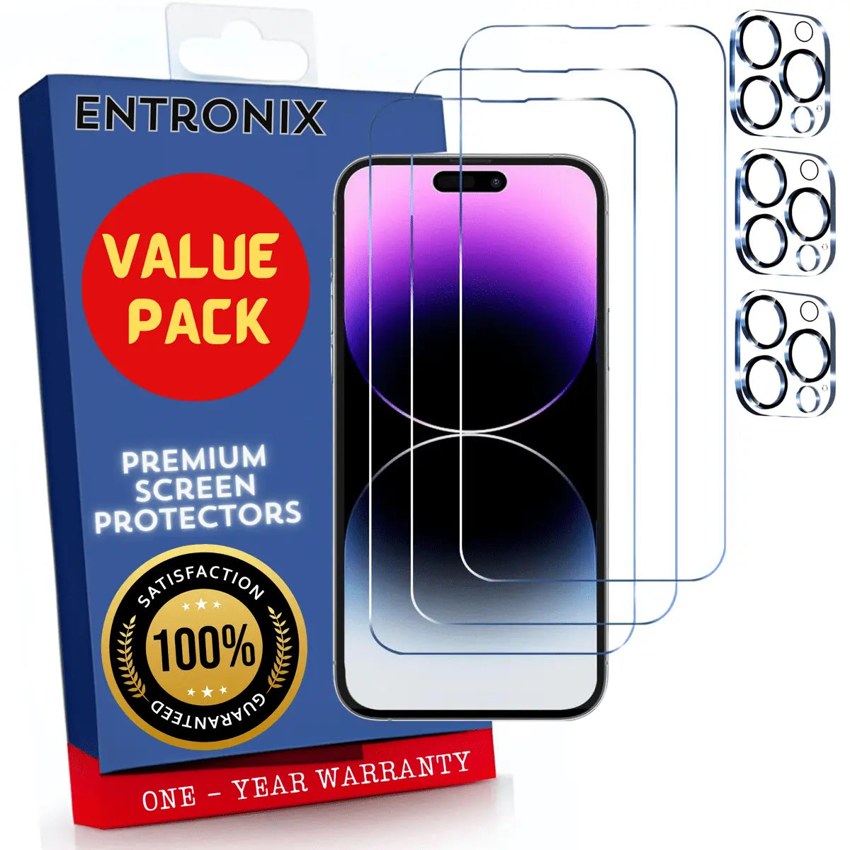 Entronix Case Screen Protector Bundle with Camera Cover for Apple iPhone 15 Pro Max Clear Built Anti Scratch, Bubble Free Easy Install, 3 PACK - Entro Retail