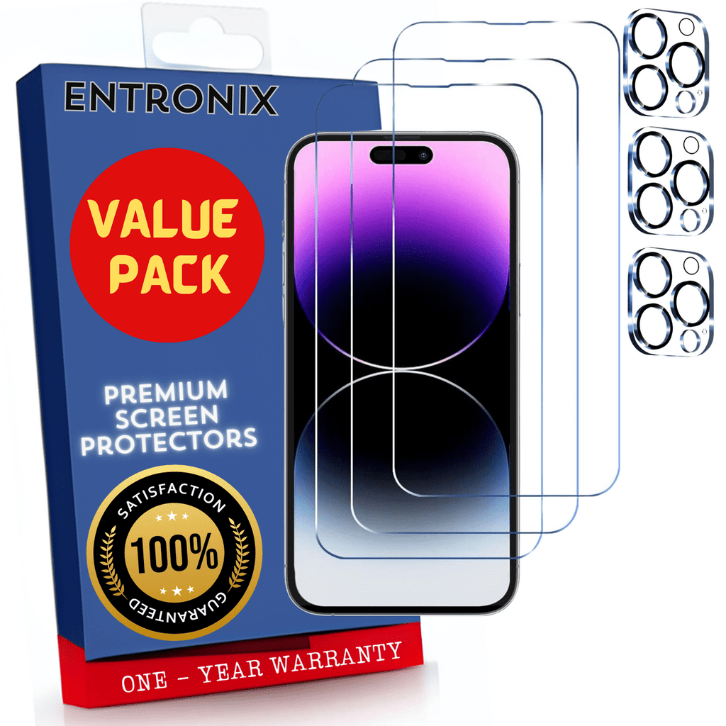 Entronix Case Screen Protector Bundle with Camera Cover for Apple iPhone 15 Pro Max Clear Built Anti Scratch, Bubble Free Easy Install, 3 PACK - Entro Retail