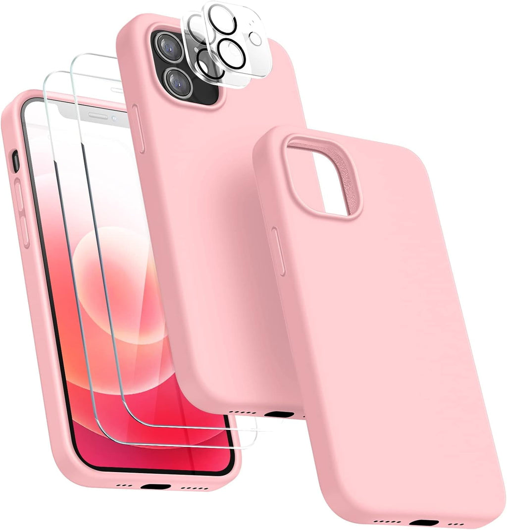 Entronix Silicone Case Designed for Apple iPhone 12 Liquid Silicone Case, 5 in 1 Bundle with 2 Clear Tempered Glass and 2 Camera Lens Shockproof Case - Entro Retail