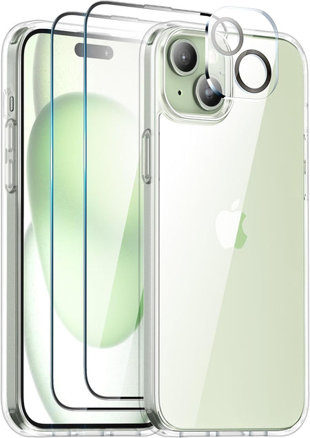 Entronix Case Heavy Duty Transparent Case for Apple iPhone 15 Clear with 2 Screen Protector and 1 Camera Lens, Shockproof Dropproof Slim Case - Entro Retail