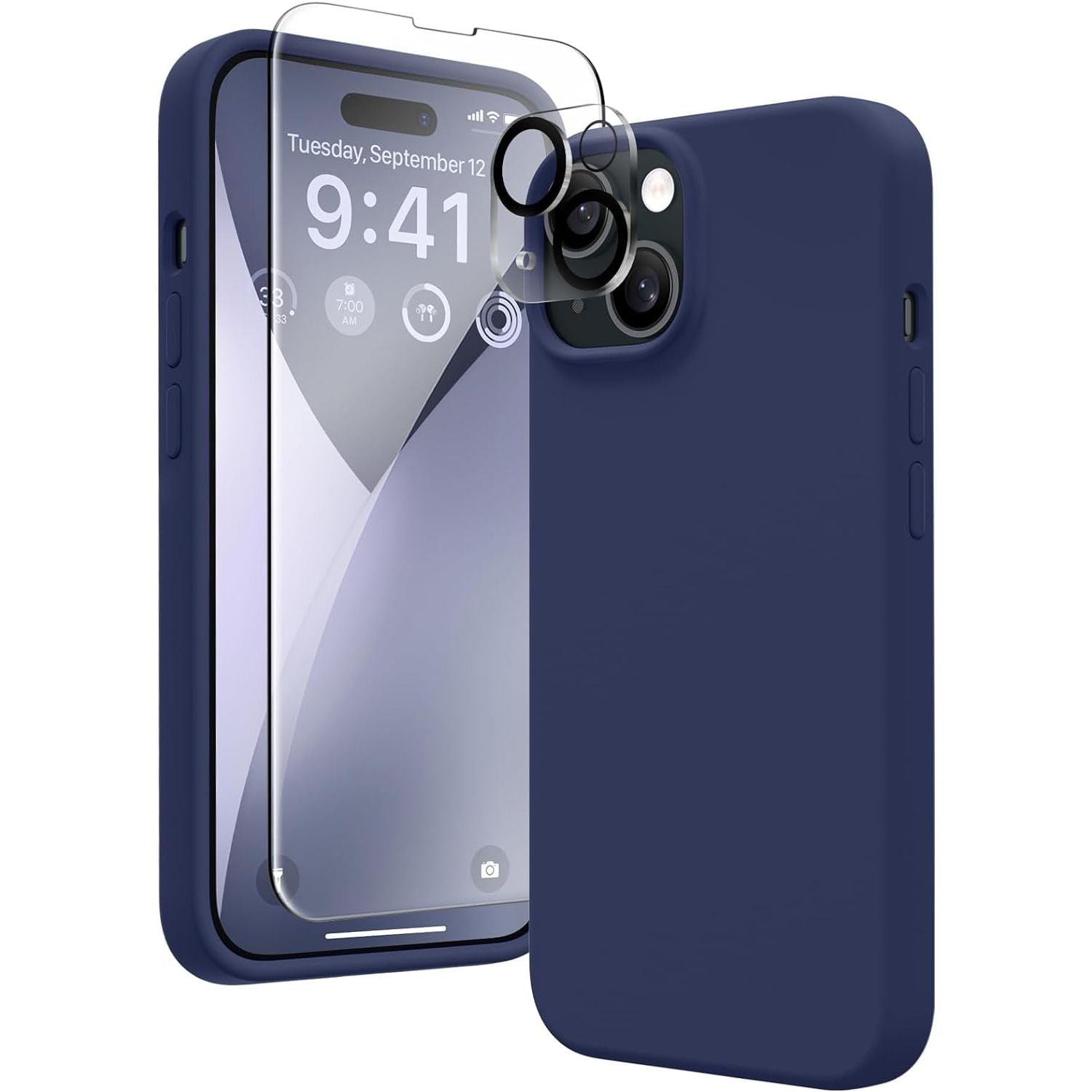 Entronix Silicone Case Designed for Apple iPhone 15 Liquid Silicone Case, 3 in 1 Bundle Case with Clear Tempered Glass and Camera Lens Shockproof Case - Entro Retail