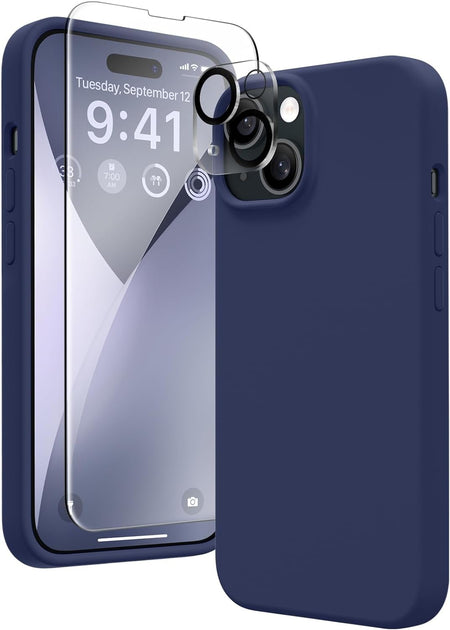 Entronix Silicone Case Designed for Apple iPhone 15 Liquid Silicone Case, 3 in 1 Bundle Case with Clear Tempered Glass and Camera Lens Shockproof Case - Entro Retail