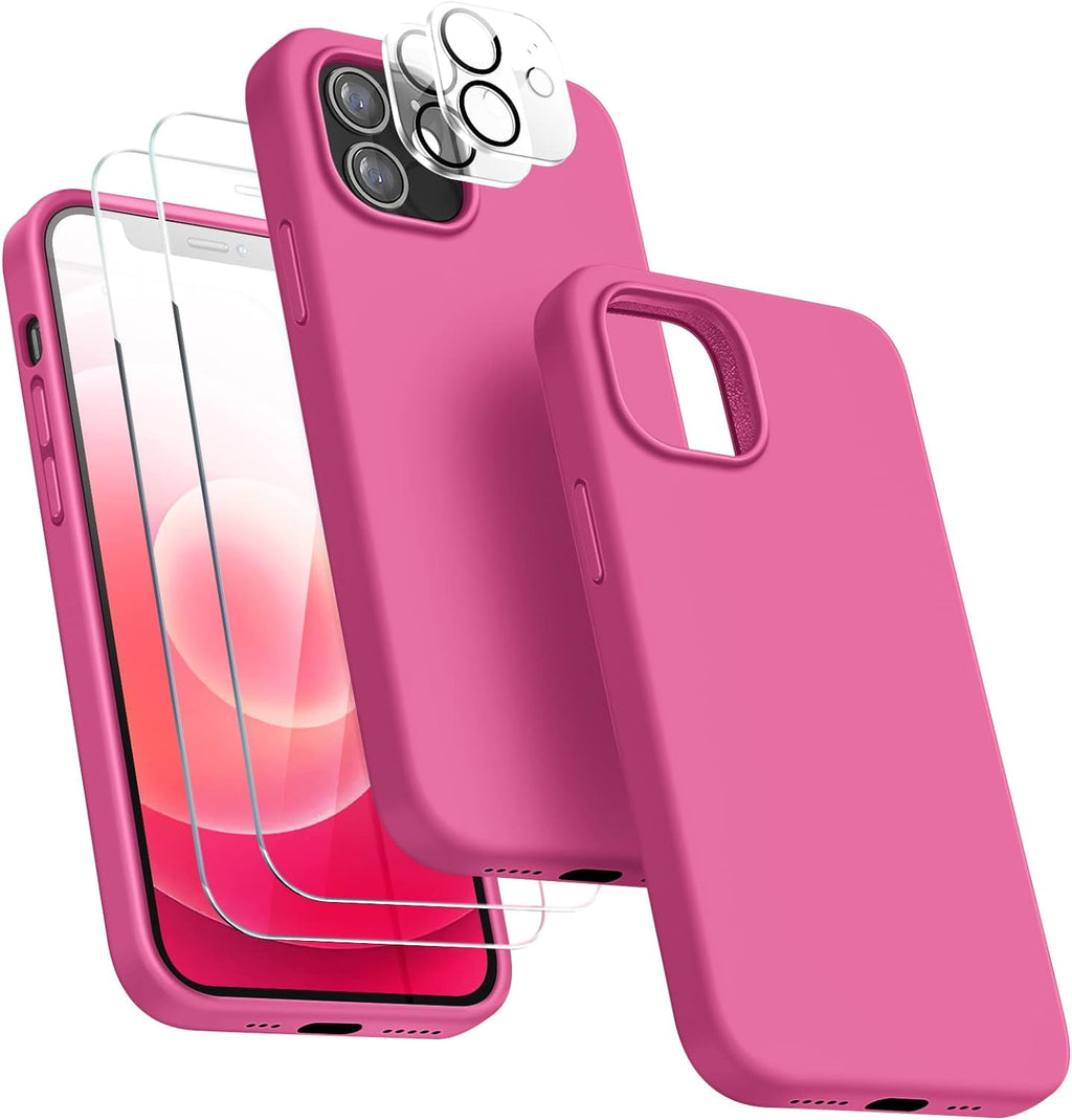 Entronix Silicone Case Designed for Apple iPhone 12 Liquid Silicone Case, 5 in 1 Bundle with 2 Clear Tempered Glass and 2 Camera Lens Shockproof Case - Entro Retail