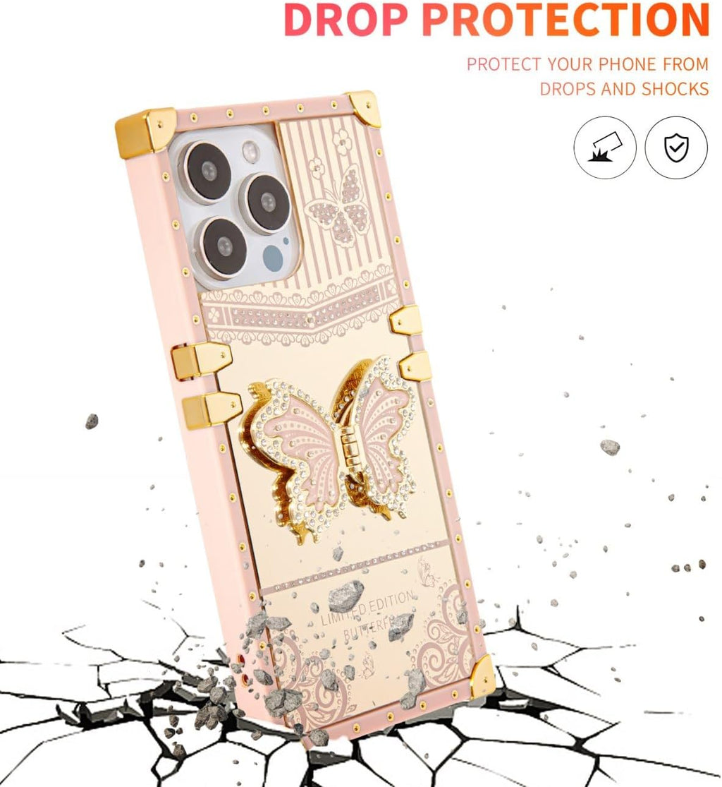 Entronix Case Compatible with iPhone 14 Pro Max - [Rectangular] Luxury Butterfly Grip Stand