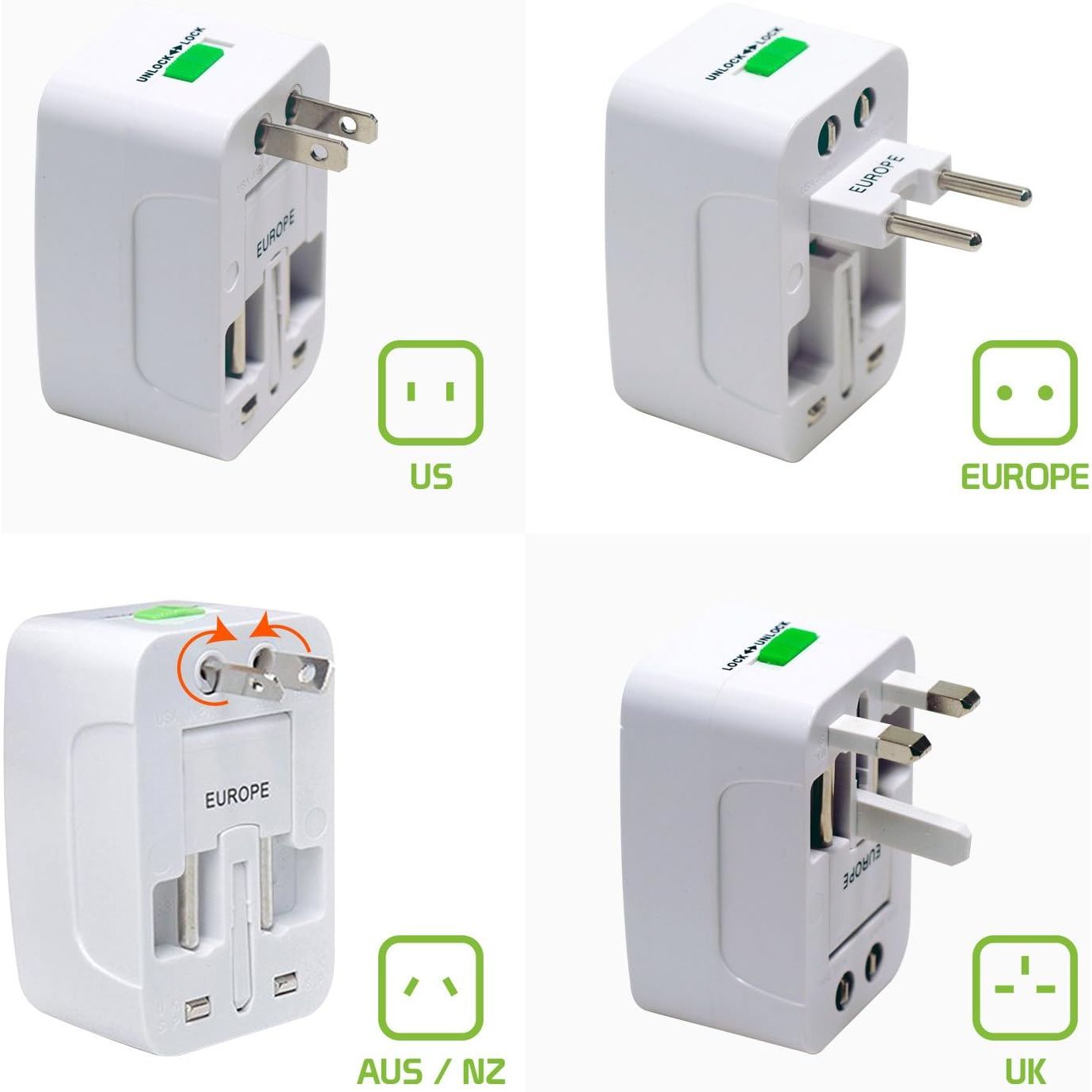 Entronix International Plug Adapter - 2-Pack Converter for EU, UK, AU, Asia to US Outlets