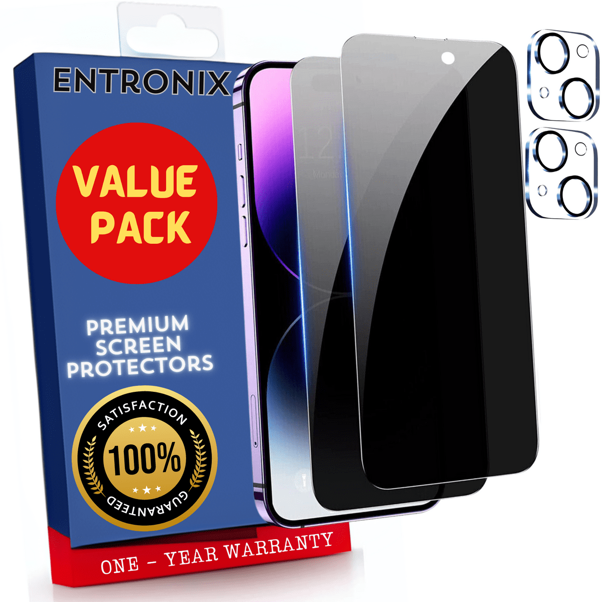 Entronix Case Screen Protector Bundle with Camera Cover Designed for Apple iPhone 15 Privacy 9H Hardness,Bubble Free Easy Install,2 PACK - Entro Retail