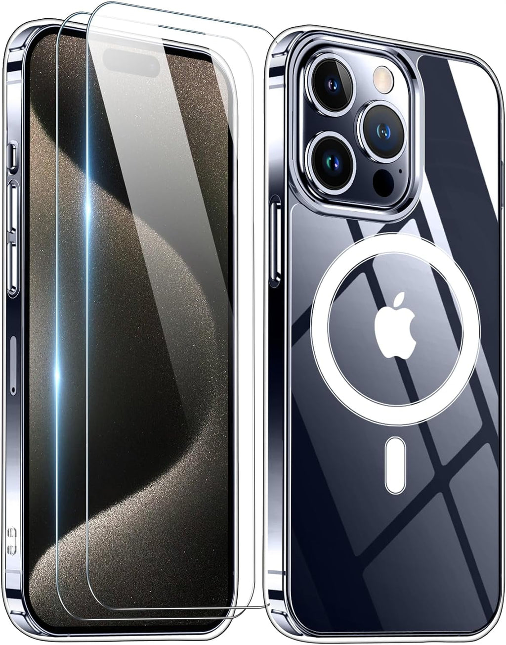 Entronix Case Magnetic Clear Case Designed for Apple iPhone 15 with 2 Tempered Glass, Shockproof Transparent Crystal Cover - Entro Retail