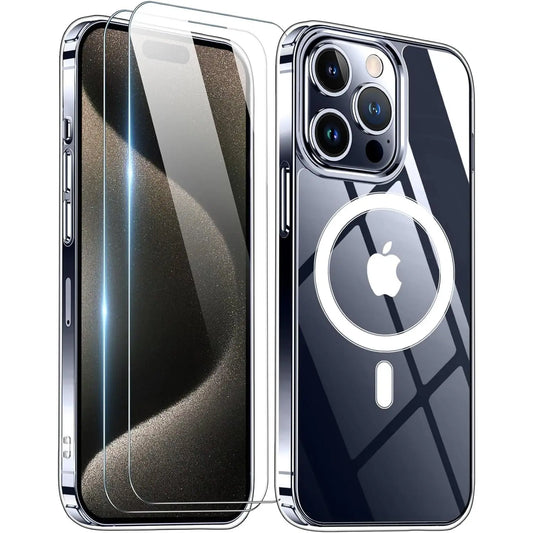 Entronix Case Magnetic Clear Case Designed for Apple iPhone 15 with 2 Tempered Glass, Shockproof Transparent Crystal Cover - Entro Retail