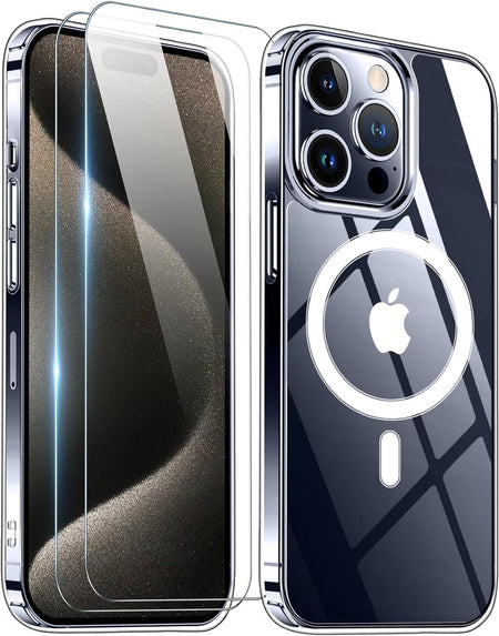 Entronix Case Magnetic Clear Case Designed for Apple iPhone 15 Plus with 2 Tempered Glass, Shockproof Transparent Crystal Cover - Entro Retail