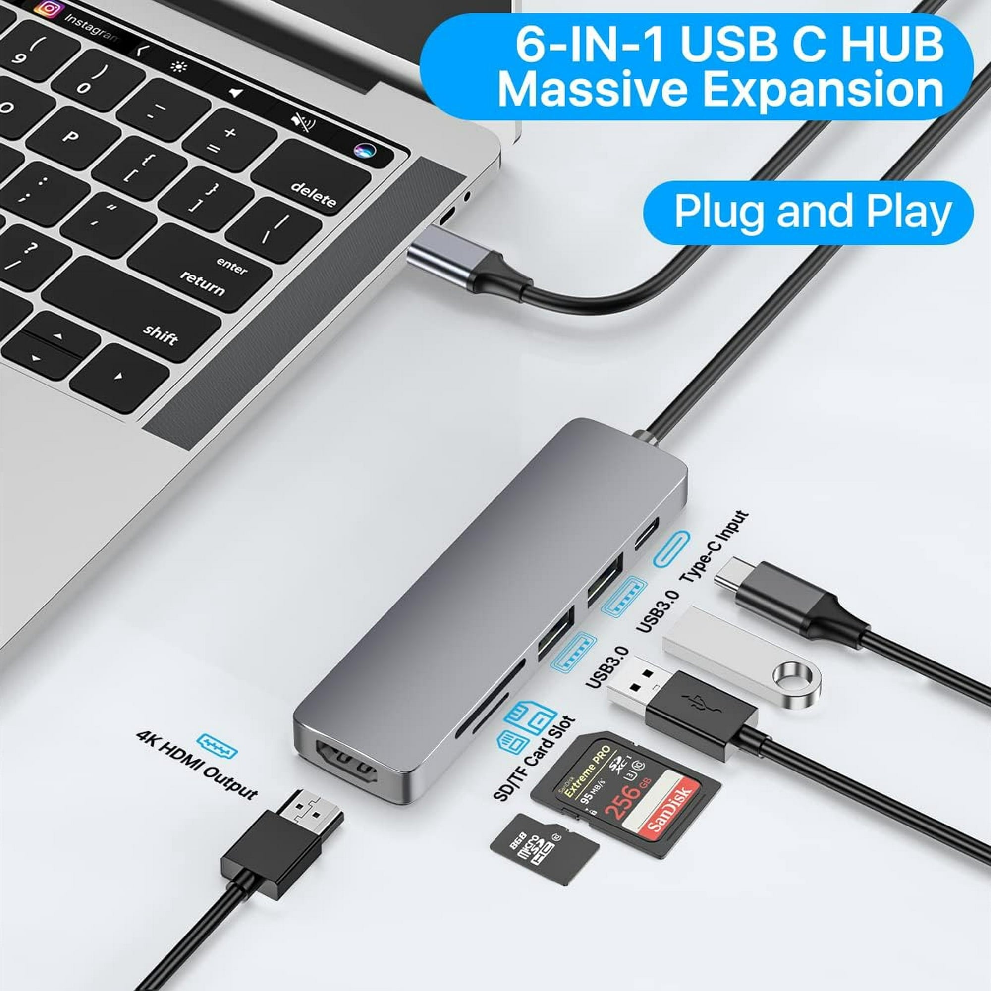Entronix 6-in-1 USB-C Hub Adapter - HDMI, USB, SD, and PD Converter for MacBook and Laptops