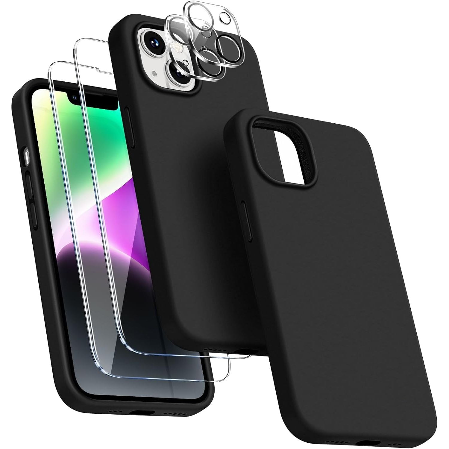 Entronix Case Silicone Case Designed for Apple iPhone 14 Liquid Silicone Case, 5 in 1 Bundle Case with 2 Clear Tempered Glass and 2 Camera Lens - Entro Retail