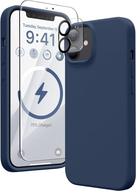 Entronix Silicone Case Designed for Apple iPhone 12 Liquid Silicone Case, 3 in 1 Bundle Case with Clear Tempered Glass and Camera Lens Shockproof Case - Entro Retail