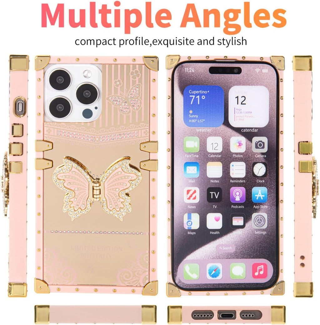 Entronix Case Compatible with iPhone 14 Pro Max - [Rectangular] Luxury Butterfly Grip Stand