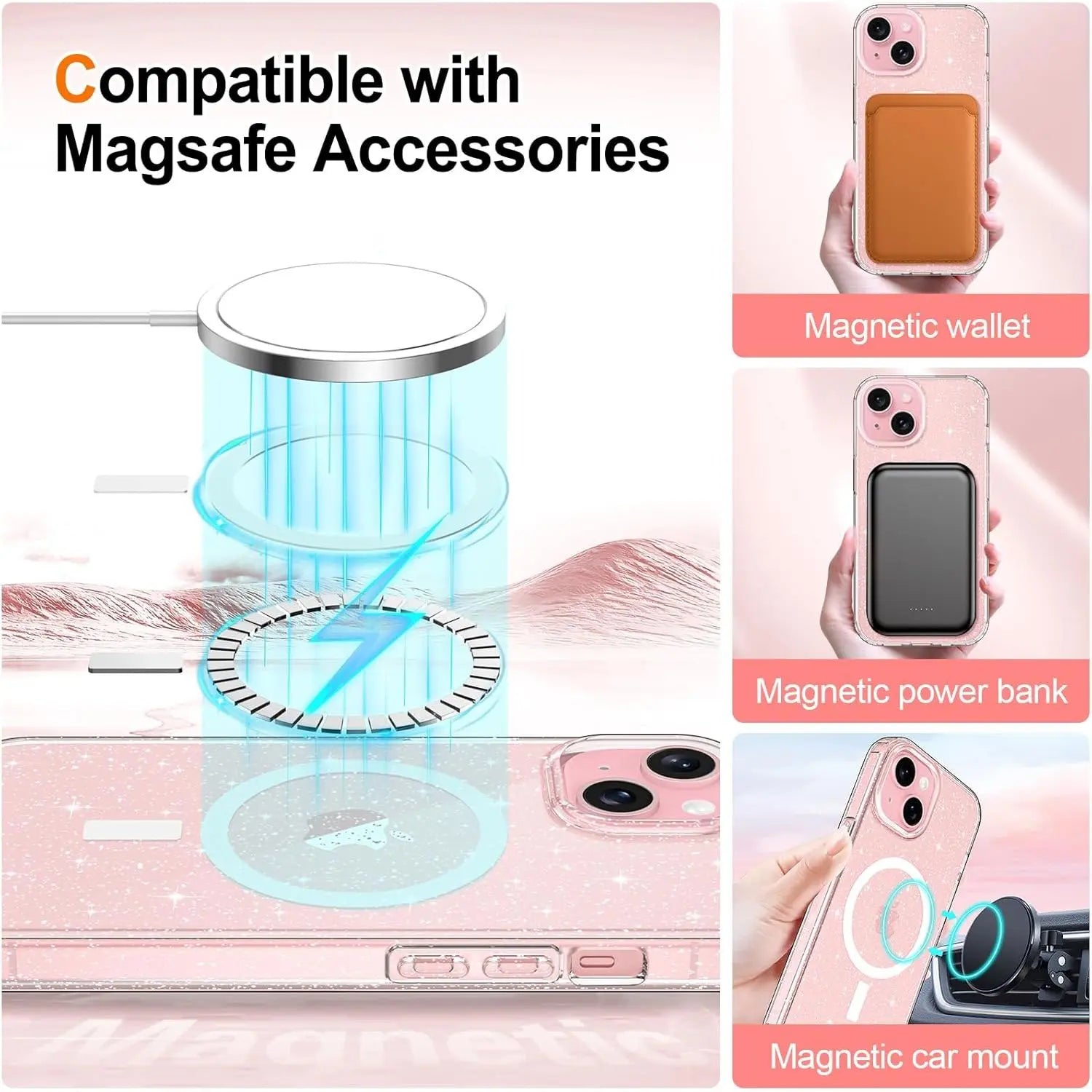 Entronix Glitter Clear Case for Apple iPhone 15, [Magnetic-Compatible] Crystal Clear Sparkly Bumper Cover - Entro Retail