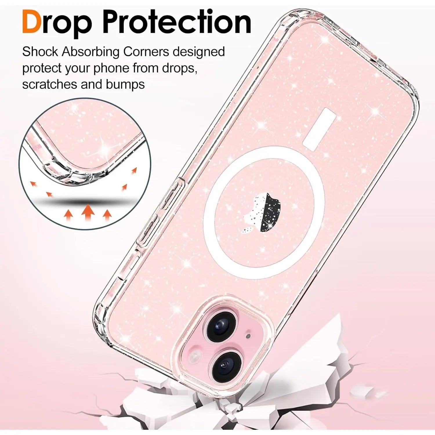 Entronix Glitter Clear Case for Apple iPhone 15, [Magnetic-Compatible] Crystal Clear Sparkly Bumper Cover - Entro Retail