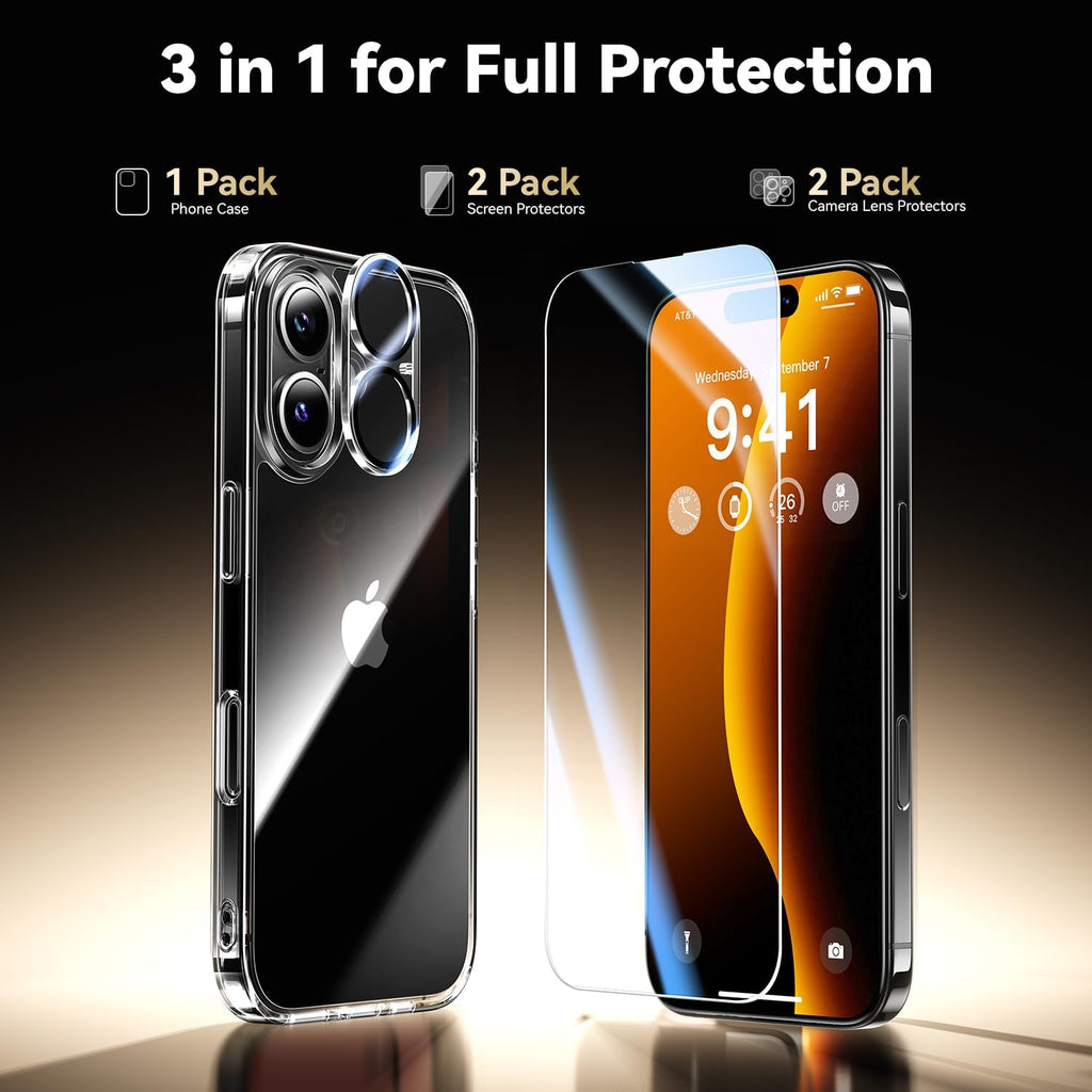 Entronix Bundle Compatible with iPhone 16 Plus - [Hard] Clear Case, 2 Clear Screen Protector & 2 Camera Lens Protectors