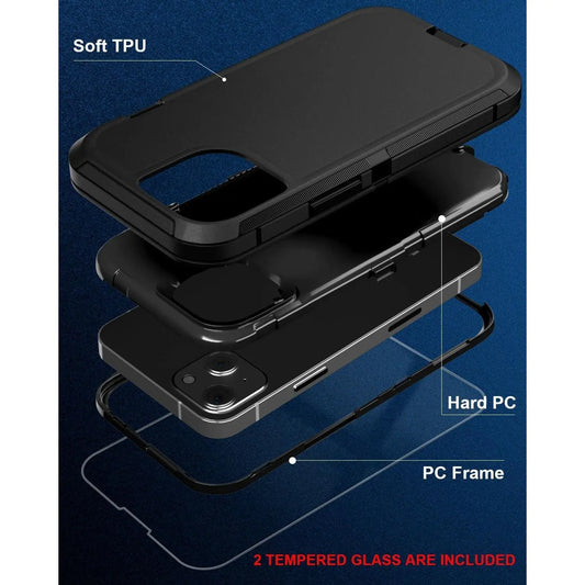 Entronix 3-in-1 Bundle for Apple iPhone 15 Plus, Heavy Duty Case & 2 Clear Tempered Glass Screen Protectors - Entro Retail