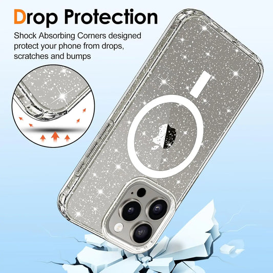 Entronix Glitter Clear Case for Apple iPhone 15 Pro Max, [Magnetic-Compatible] Crystal Clear Sparkly Bumper Cover - Entro Retail
