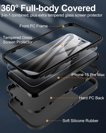 Entronix 2-in-1 Bundle for Apple iPhone 15 Pro, Heavy Duty Case & Clear Tempered Glass Screen Protector, Full Protection & Easy Installation - Entro Retail