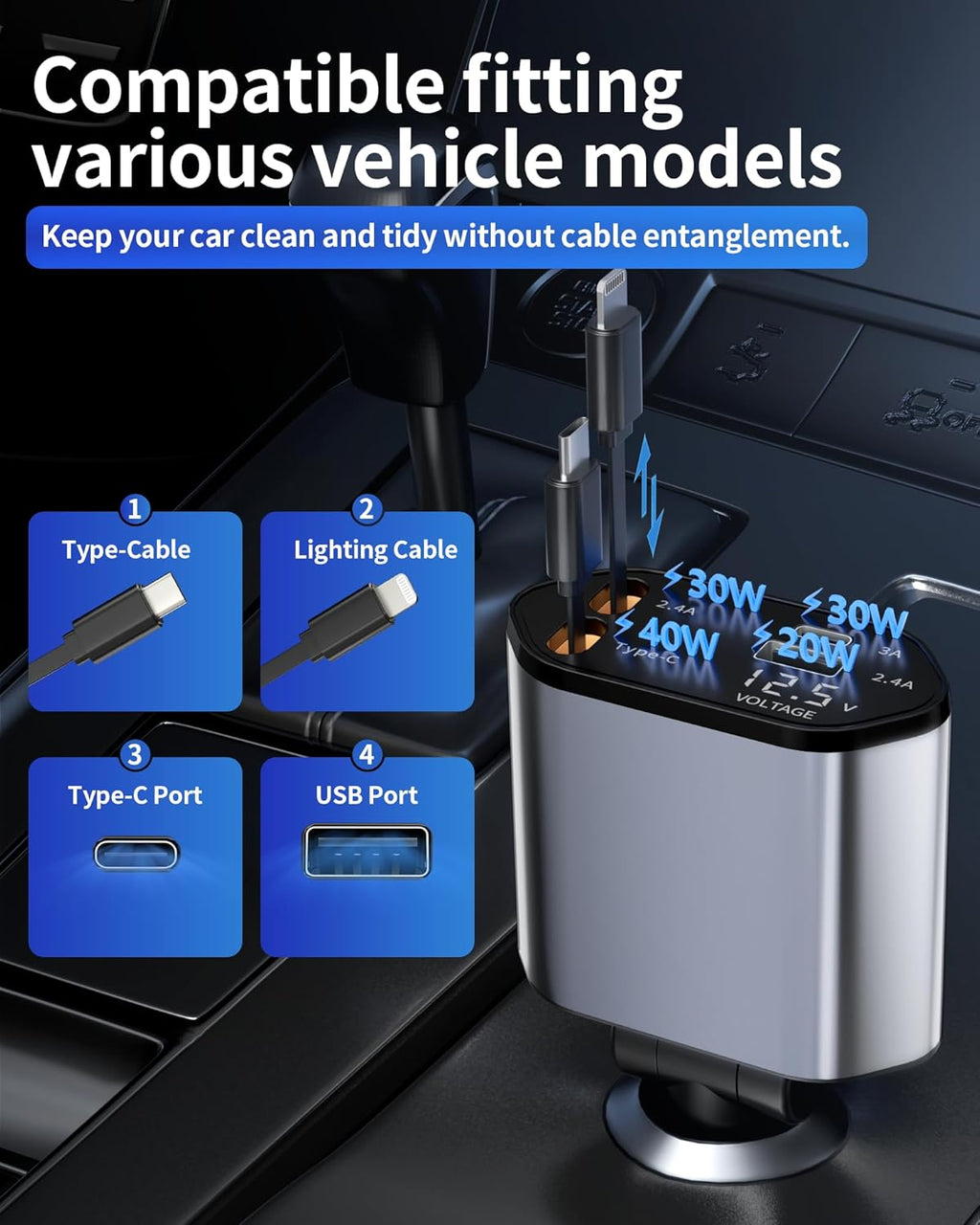 Entronix 4-in-1 Car Charger Adapter – Dual USB-C & USB-A Multi-Port Fast Charging Hub