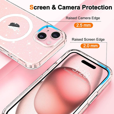 Entronix Glitter Clear Case for Apple iPhone 14, [Magnetic-Compatible] Crystal Clear Sparkly Bumper Cover - Entro Retail
