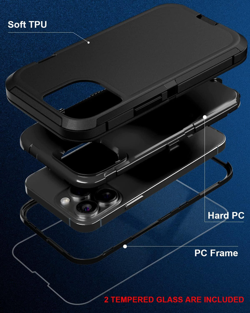 Entronix Apple iPhone 15 Pro Max 3-in-1 Bundle - Heavy Duty Case & 2 Clear Screen Protectors, Black - Entro Retail