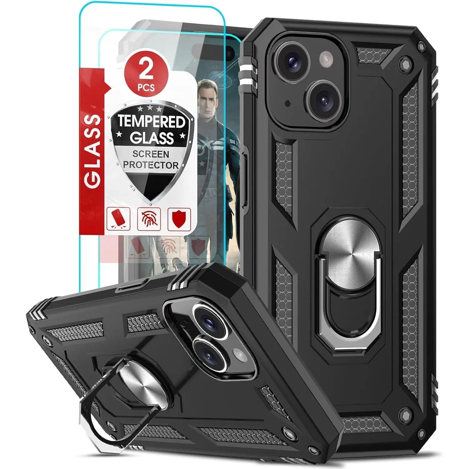 Entronix Apple iPhone 15 Case - Guard Ring Holder & 2 Clear Screen Protectors - Entro Retail