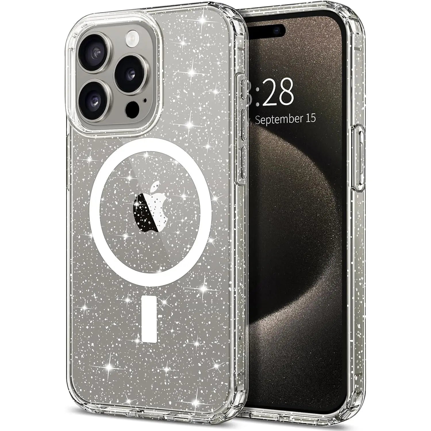 Entronix Glitter Clear Case for Apple iPhone 15 Pro Max, [Magnetic-Compatible] Crystal Clear Sparkly Bumper Cover - Entro Retail