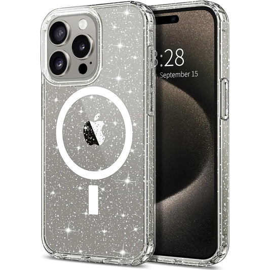 Entronix Glitter Clear Case for Apple iPhone 15 Pro Max, [Magnetic-Compatible] Crystal Clear Sparkly Bumper Cover - Entro Retail
